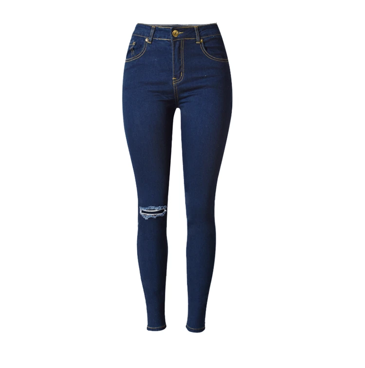Рваные джинсы Горячая Мода растягивающийся высокой талией джинсы до колена отверстие тонкий тощий полной длины синего джинсового цвета Цвет пикантные Для женщин джинсы Femme - Цвет: Blue