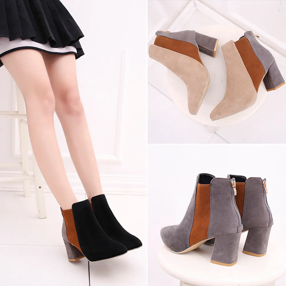 

SAGACE Women Boots Pointed Toe Suede High Heel Shoes Mixed Color Martin Zipper Outdoor PU Leather Winter Female Boots CC#