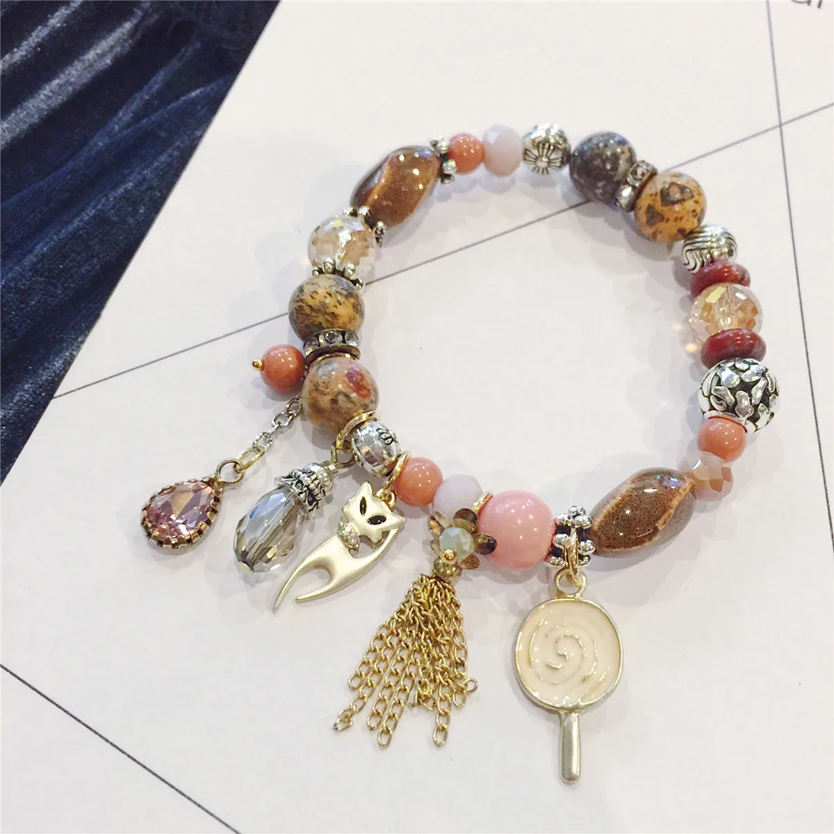 

Bohemian Cat Lollipop Crystal Gold Bracelets & Bangles for Women Beads Handmade Tassel Charm Bracelet Boho Femme Jewelry B21