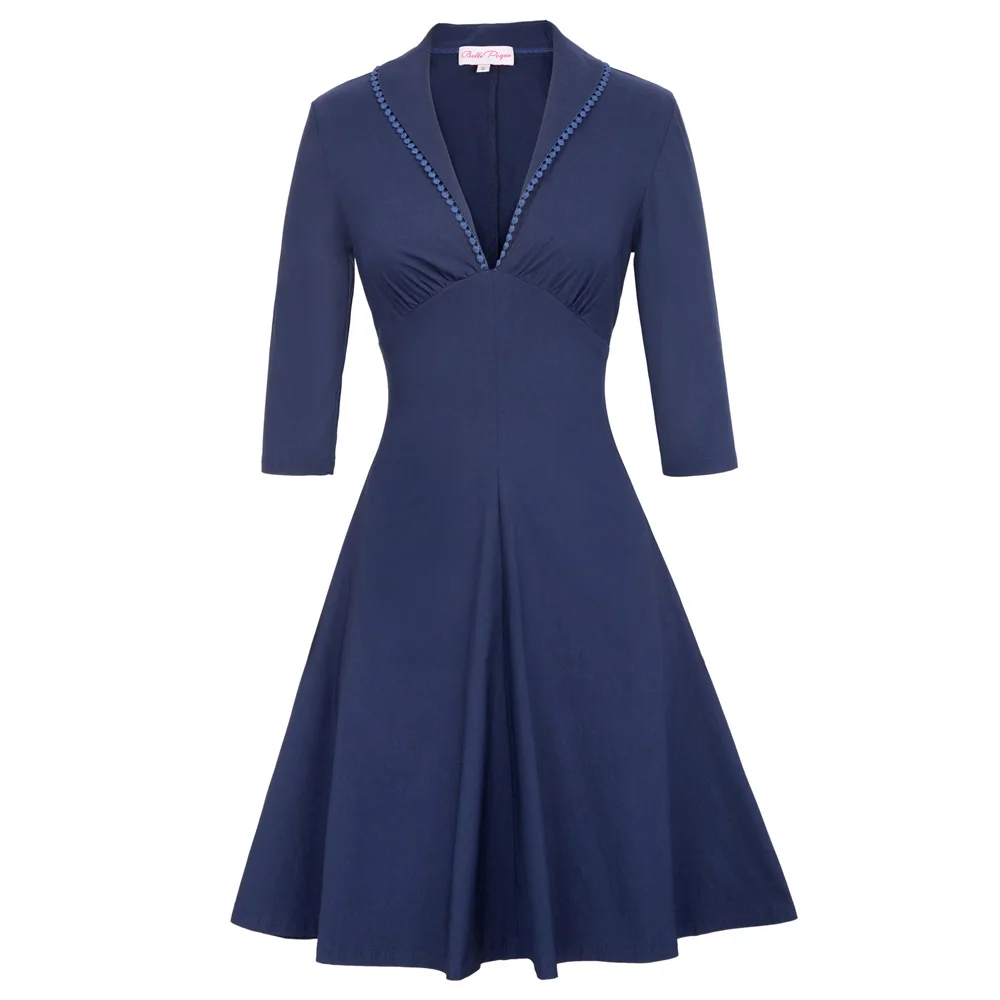 autumn dress 1 Belle Poque Для женщин s осеннее платье элегантный 3/4 рукавом V образным вырезом синего цвета Вечерние вечернее Для женщин рокабилли Винтаж Ретро 50 Платья - Цвет: autumn dress 1