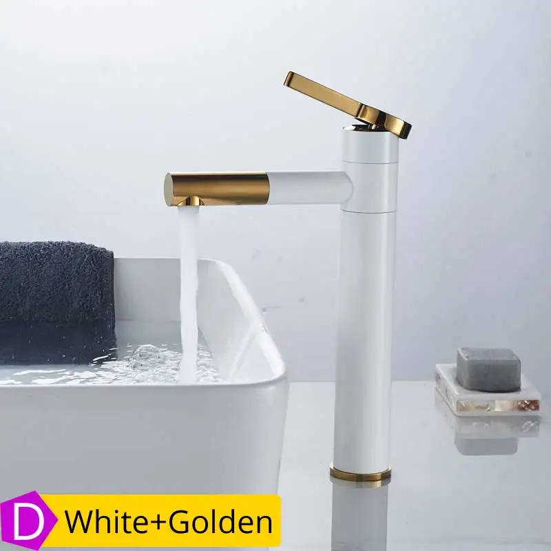 Черный поворотный носик смеситель для раковины на бортике для ванной комнаты, смеситель для раковины, однорычажный кран с поворотом на 360 градусов, кран для горячей и холодной воды - Цвет: White Golden