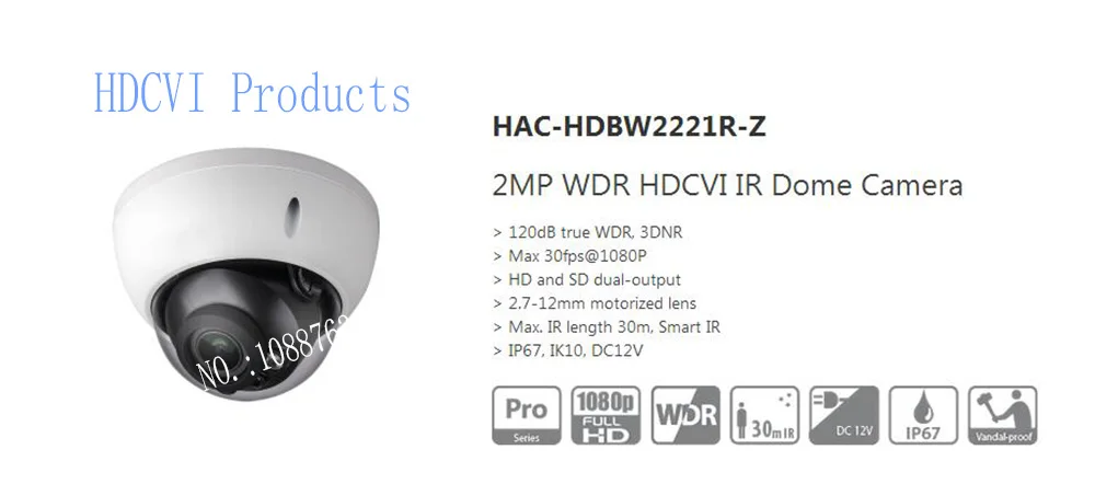 Free Shipping DAHUA CCTV Security Outdoor Camera 2MP WDR HDCVI IR Dome Camera IP67 IK10 Without