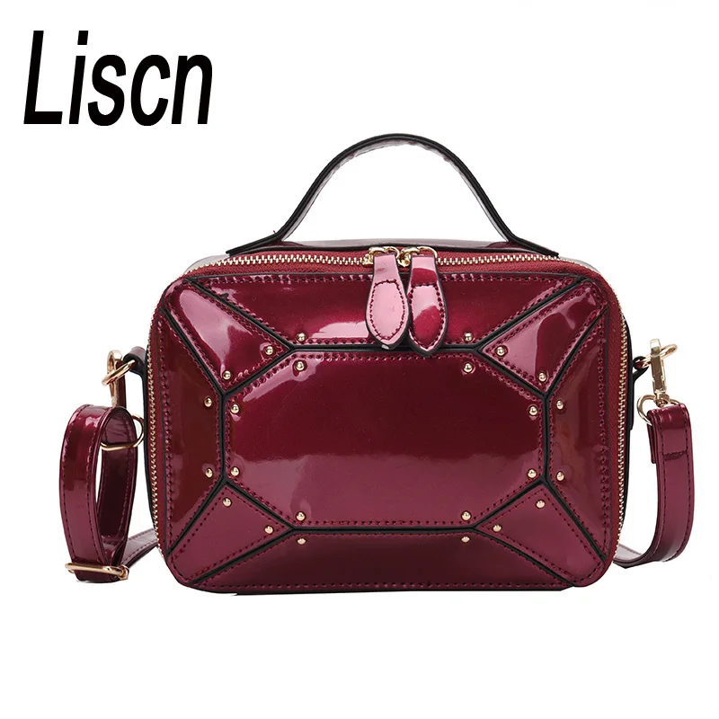 

Women's bag new spring trend handbag high quality luxury patent leather box bag rivet shoulder messenger bag sac a main femm