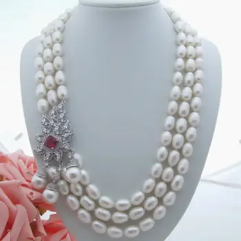 

3strands 9-10mm white black gray rice freshwater pearl necklace micro inlay zircon accessories pearl pendant long 50-56 cm