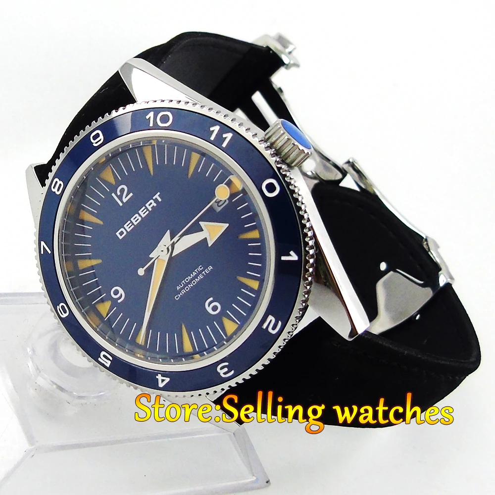 

DEBERT 41mm Blue dial ceramic bezel leather strap MIYOTA Automatic mens watch