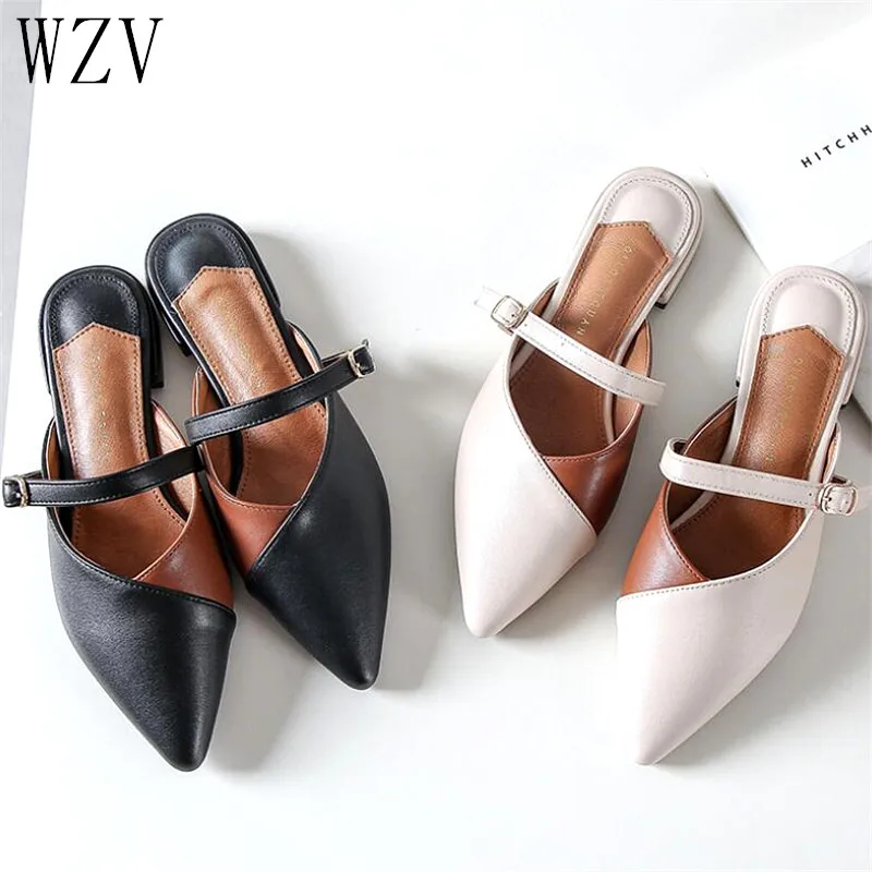 

2019 Black Beige Korean Pumps Party Chic Women Mules Slipper Pointed Toe Block Strap Closed Shallow High Heels Shoes Sandals