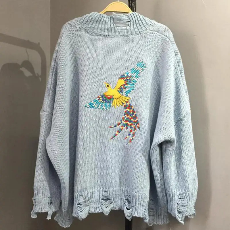 Женский вязаный свитер осень зима корейский Свободный желтый вязаный кардиган с вышитыми птицами Harajuku женский свитер с длинным рукавом