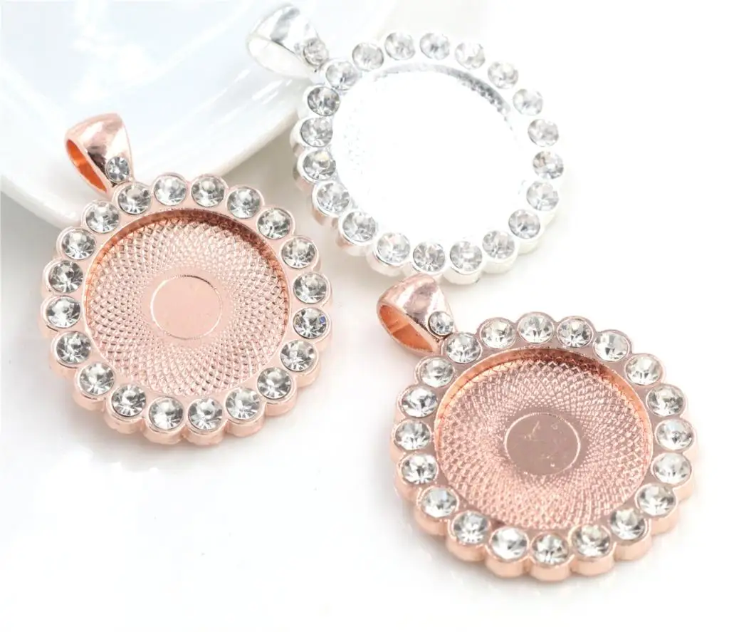 

2pcs 20mm Inner Size Bright Silver and Rose Gold plated Transparent Rhinestone Style Cameo Cabochon Base Setting Pendant