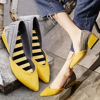 

Genuine Leather Pointed Toe Wedges Shoes Horse Hair Nice New Spring High-Heeled Shoes Pigskin Fashion Color Block Women Pumps