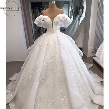 شراءVestido دي Novia قبالة الكتف مطرز فستان الزفاف 2019 مثير الخامس الرقبة الزفاف أثواب مخصص عارية الذراعين المحكمة قطار فستان الزفاف