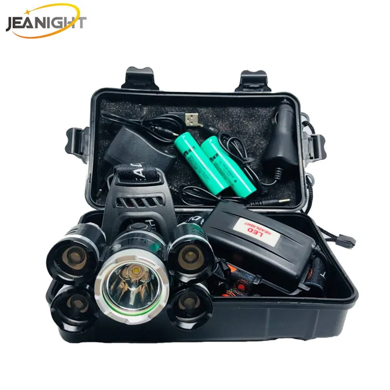 JEANIGHT налобный фонарь Мощный CREE 5 * LED XML T6 Фара 20000 люмен Zoom водонепроницаемый
