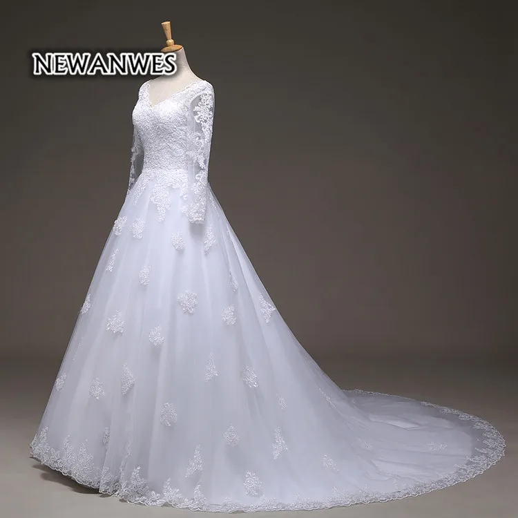 Vestido De Noiva дешевые Праздничное платье Longo Sexy Sheer длинный рукав Кружево аппликацией