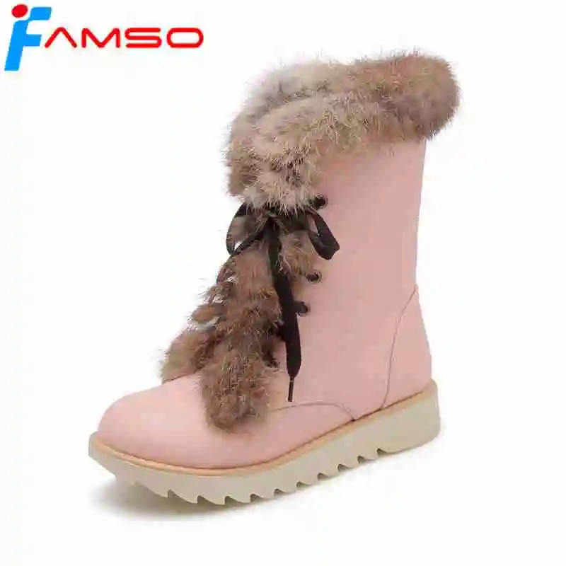 

FAMSO 2019 Shoes Women Boots Autumn Winter Real Fur Snow Boots Designer Flats Shoes Russia Winter Waterproof Snow Boots Heels