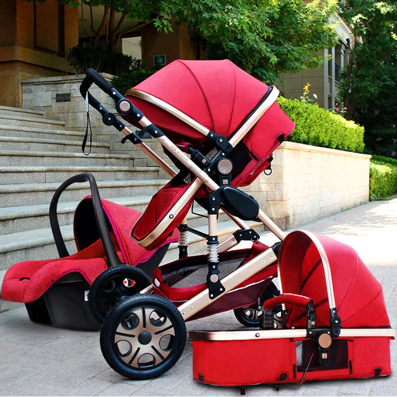Роскошная детская коляска 3 в 1 с автокреслом с высоким пейзажем, складная детская коляска для новорожденных, дорожная система, детская коляска, ходунки - Цвет: Red