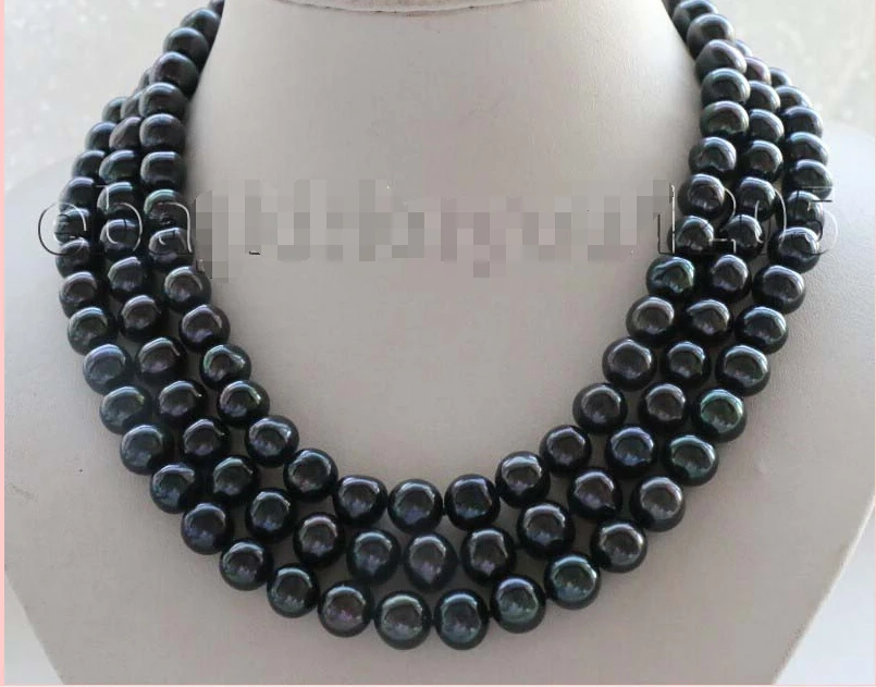 

shipping3rows 17-18-19" Genuine Natural 11mm Black Round pearl Necklace 14KGP #f1891