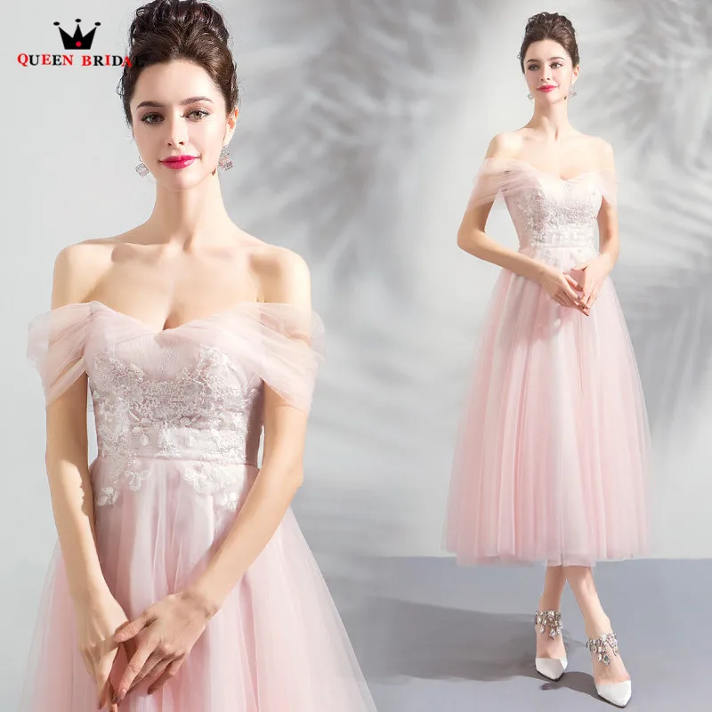 

Tea Length Cap Sleeve Tulle Lace Beading Pink Elegant Formal Evening Dresses 2018 New Party Evening Gown Robe De Soiree MT58