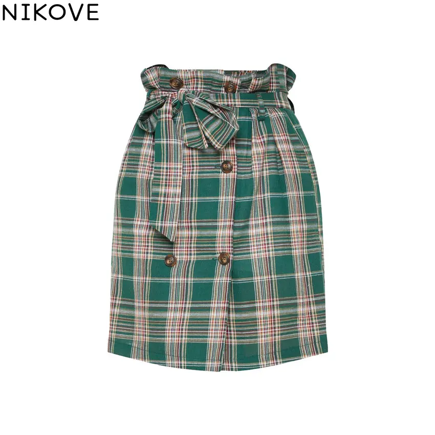 

NIKOVE 2019 Women's Skirt Fashion High Waist Green Plaid Hip Skirt Button Short Skirt Size S-XL