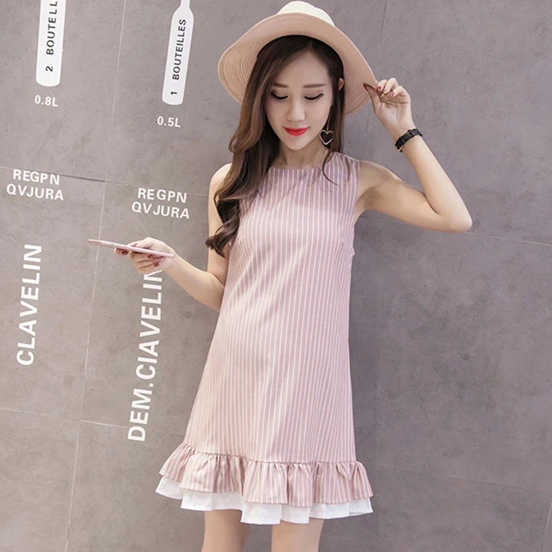 

Vertical Striped Maternity Dresses O Neck Causual Clothes for Pregnant Women Sleeveless Elegant Pregnancy Clothing B0426