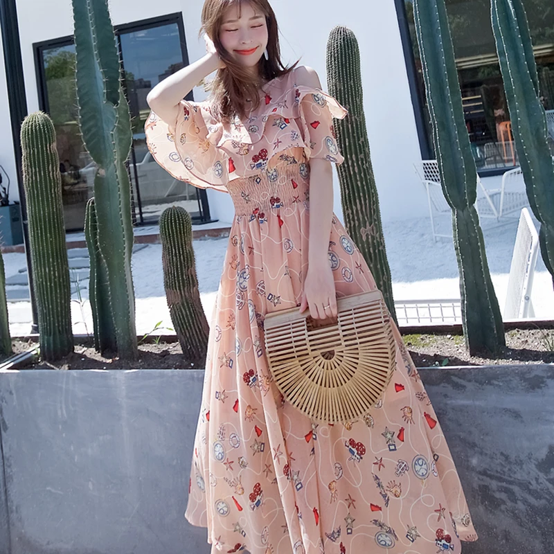 Весеннее Новое богемное белое шифоновое длинное платье с круглым вырезом в Корейском стиле, элегантное ретро платье на бретелях, короткое платье