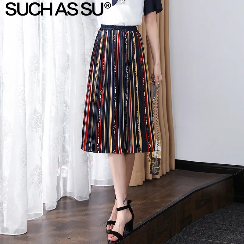Новинка, Летние шифоновые плиссированные юбки для женщин, 3 цвета, в полоску, с геометрическим принтом, юбка средней длины, эластичная, высокая талия, Женская юбка