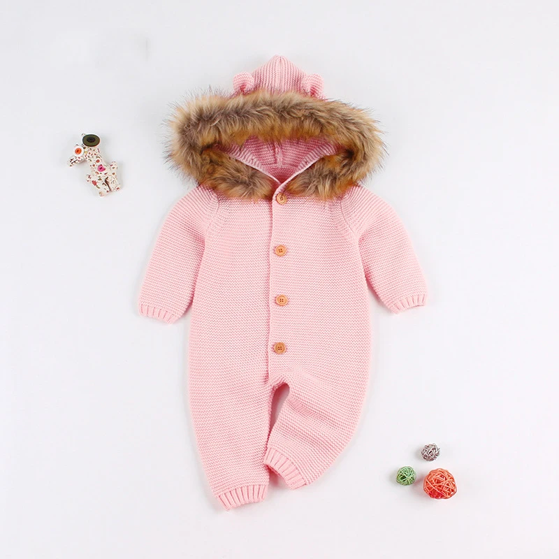 Infants Baby Winter Hooded Sweater Romper Newborn Fur Collar Knitted Cardigan Baby Boys Girls Christmas Jumpsuit Clothes - Цвет: pink fur collar