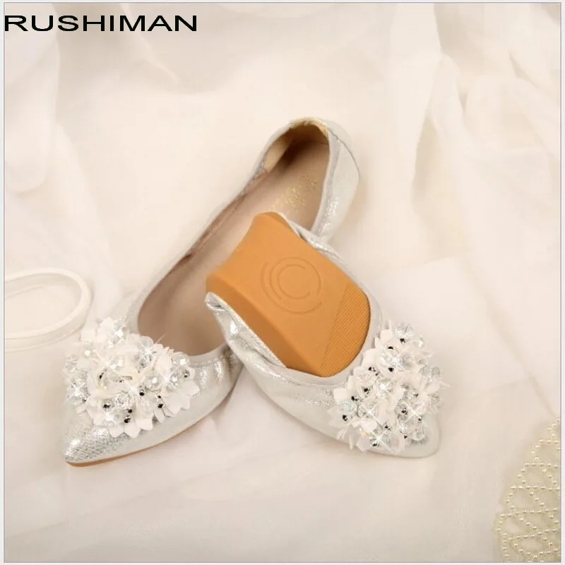 

RUSHIMAN Designer Beading Woman Big Size Flat Shoes Elegant Comfortable Lady Fashion Women Soft Girl egg roll Shoes