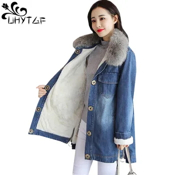 

UHYTGF Oversized Fashion Winter Jeans Jacket Women Long Parka Thicken Fleece Warm Outerwear Loose Denim Jacket Female M-3XL 970