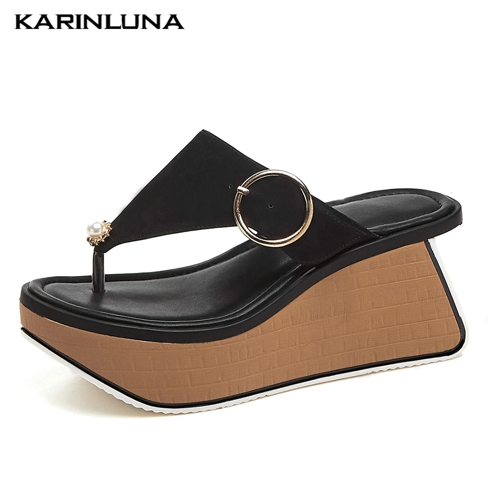 fashion flip flops sheepskin genuine leather shoes outdoor slippers woman 2019 high heels women's wedges shoes woman