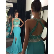 Türkis Kleider Party Kleid 2016 Meerjungfrau V-ausschnitt Perlen Bodenlangen Luxus Kristall Prom Dresses Strass Abendkleid