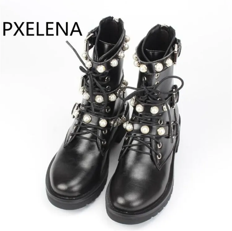 

PXELENA Brand Design Real Genuine Leather Pearl Women Shoes Buckle Rivet Beads Square Med Heel Military Combat Motorcycle Boots