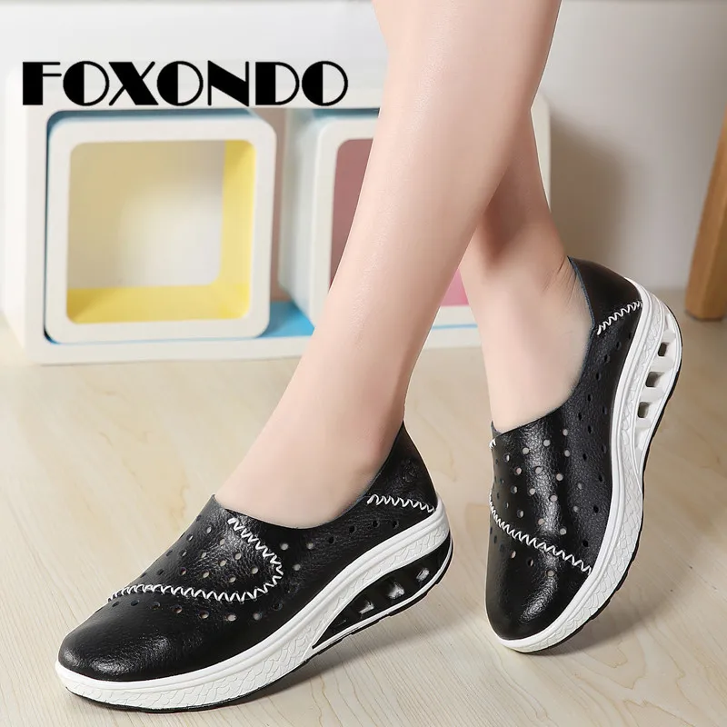 

FOXONDO 2019 Spring Women Genuine Leather Flats Women Platform Sneakers Creepers Cutouts Slip On Flats Moccasins Shoes Woman