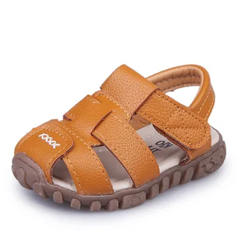 

New Summer Boys Pu Leather Beach Sandals Classic Solid Color Anti-slip Children Slippers Baby Protect-toe Toddler Shoes A614