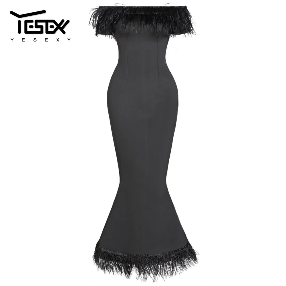 Yesexy, элегантное женское платье без рукавов с вырезом лодочкой и открытыми плечами, одноцветное, с перьями, для вечеринок, женские платья, vestidos VR19501