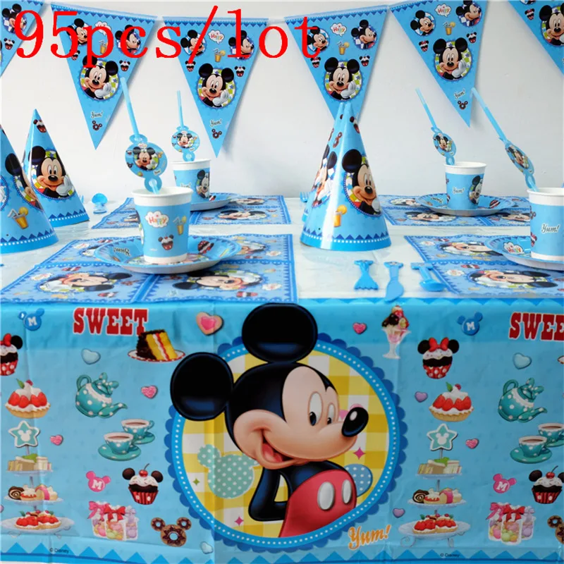 

Party Supply 95Pcs Disney Cartoon Mickey Mouse Cup Plate Baby Shower Napkin Banner Kid Birthday Party Blowout Gift Bag Supply