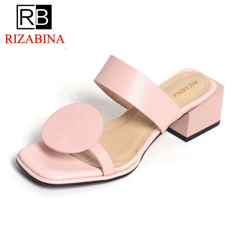 

RizaBina Women High Heel Sandals Genuine Leather Open Toe Thick Heel Sandals Woman Fashion Sweet Sandals Footwear Size 34-39