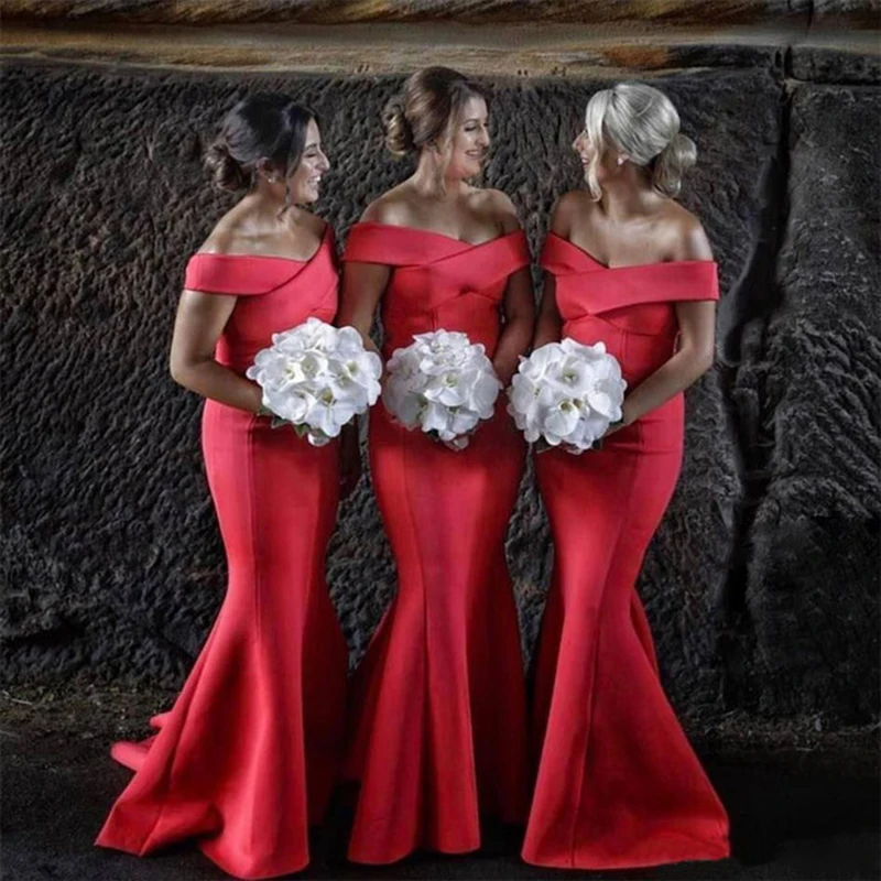 

Long Mermaid Bridesmaid Dresses 2019 Red Simple Boat Neck Cap Sleeve Satin Bridesmaid Dress For Wedding Party