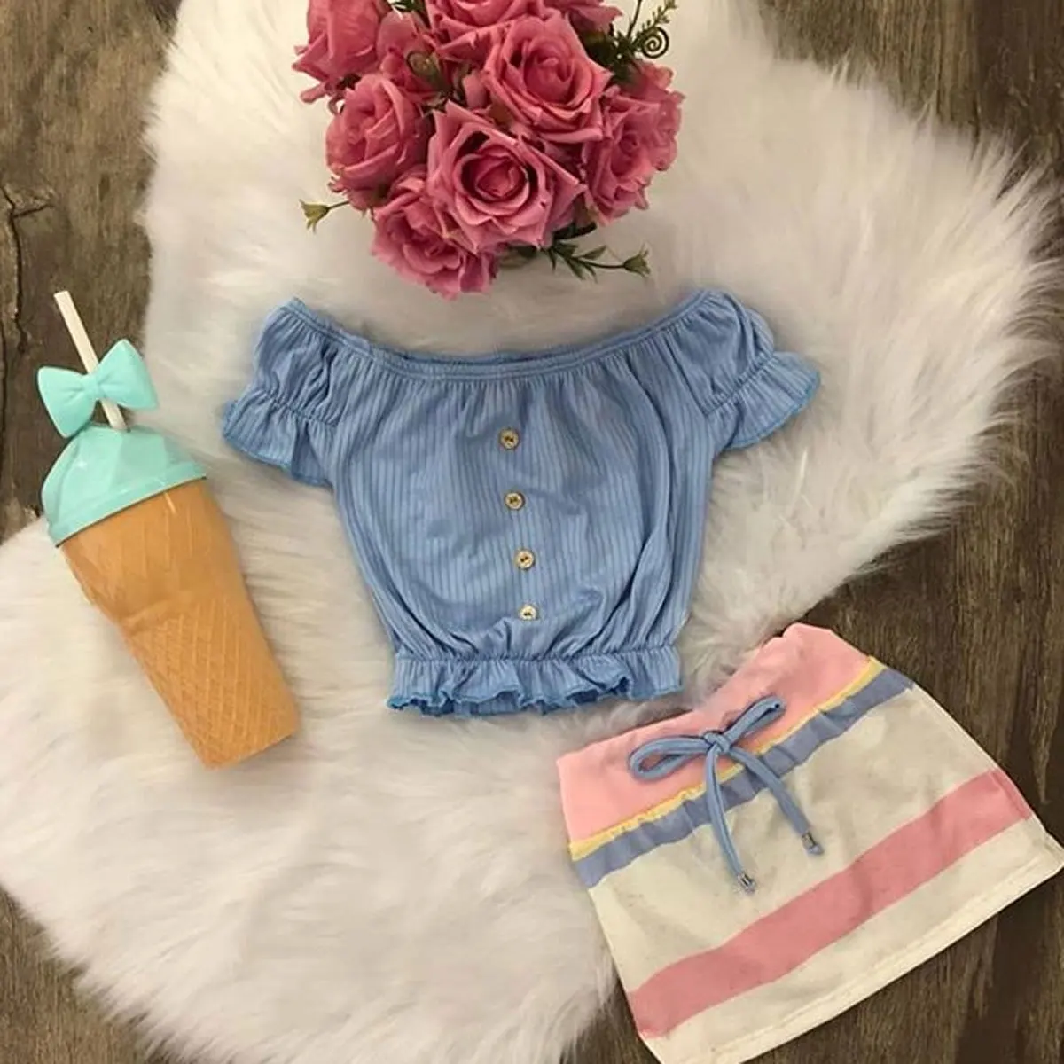 Одежда для маленьких девочек г., топ в полоску с пуговицами для новорожденных и маленьких девочек+ цветная юбка в полоску Одежда из 2 предметов