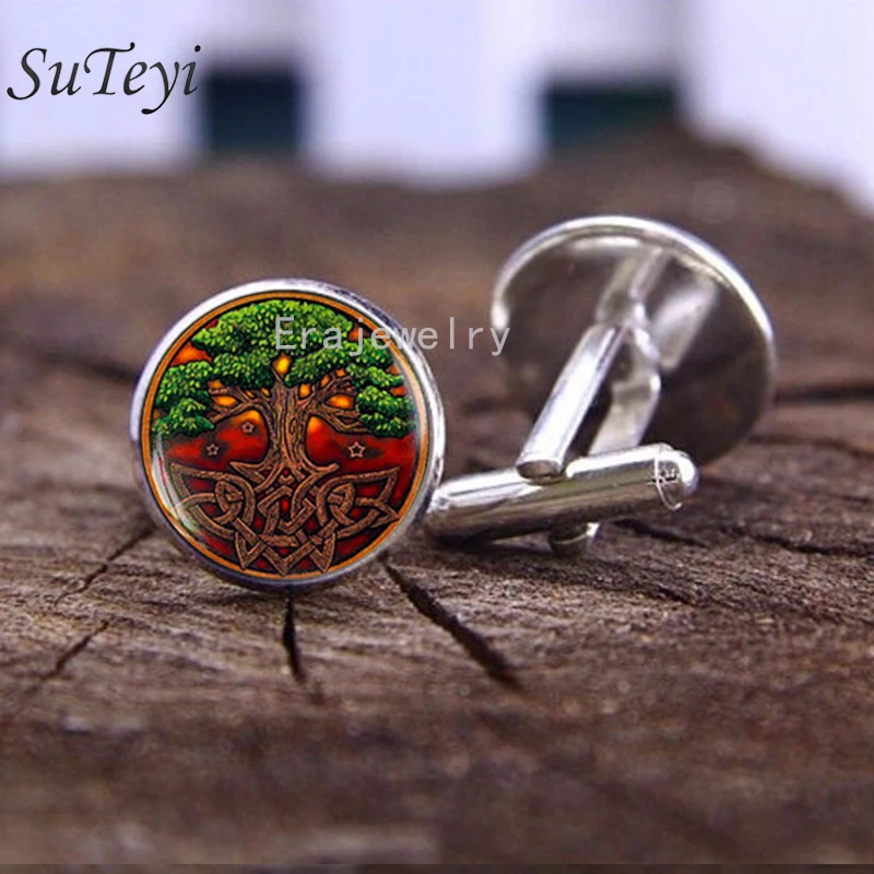 

SUTEYI New Tree of Life Cufflinks For Mens Simple Plant Patter Glass Cabochon Cufflink Silver Color Shirt Cuff Links DIY Jewelry