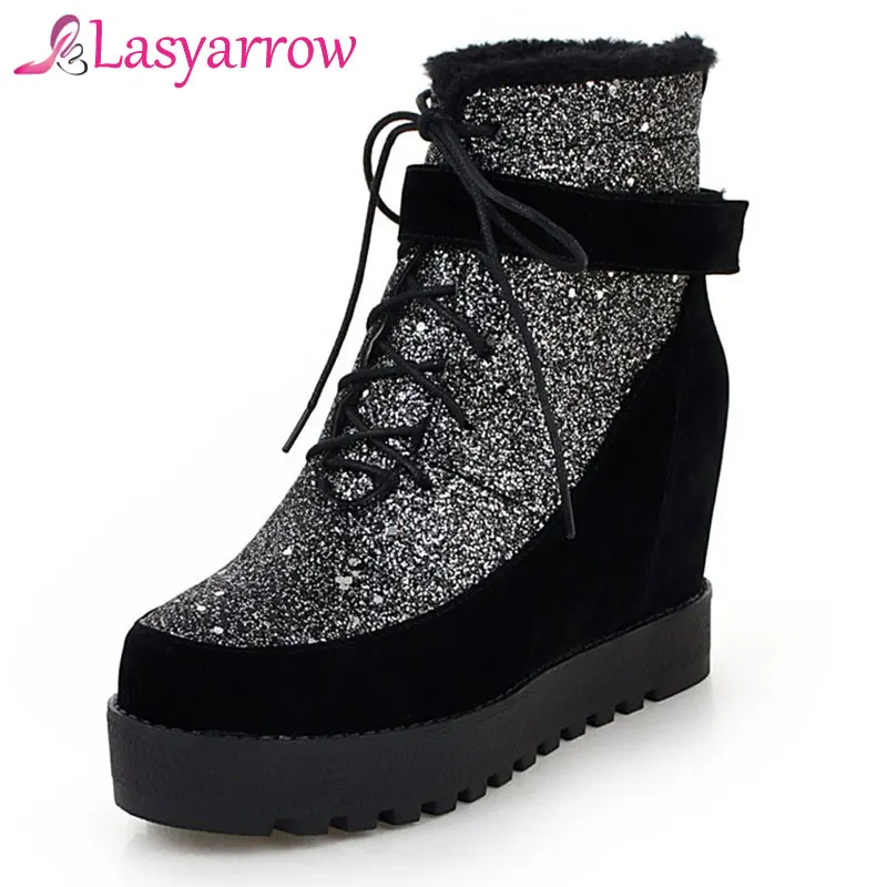 

Lasyarrow Shoes Women Height Increasing Ankle Boots Round Toe Platform Lace Up Ladies Botas Mujer Winter Snow Fashion Woman Shoe