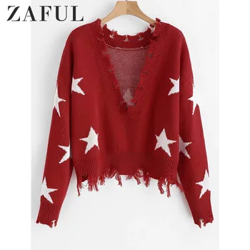 

ZAFUL Destroyed Stars Graphic Sweater Women Crop Top Fall Sexy Ripped Deep V Neck Drop Shoulder Pullover Sweater Female Jumper