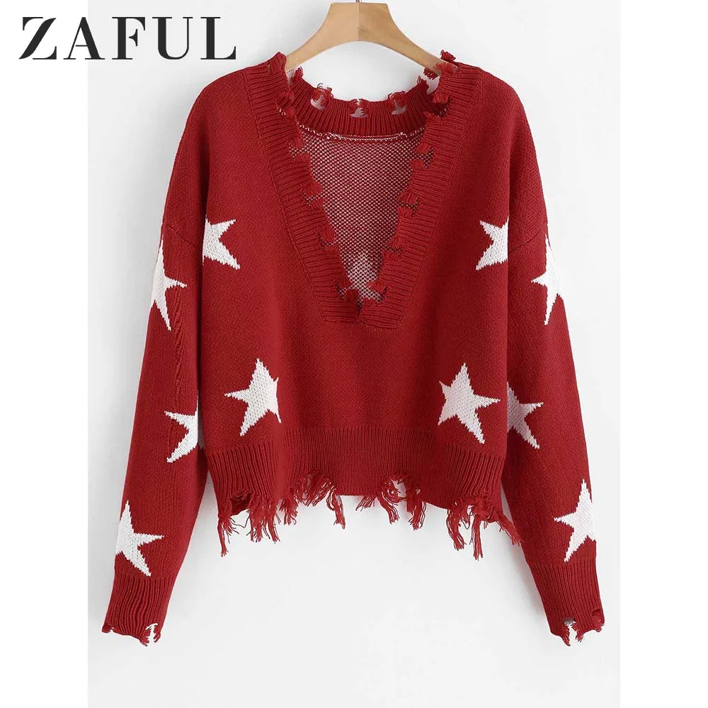 ZAFUL دمرت نجوم الجرافيك سترة النساء المحاصيل الأعلى خريف مثير ممزق العميق V الرقبة قطرة الكتف السترة سترة الإناث البلوز
