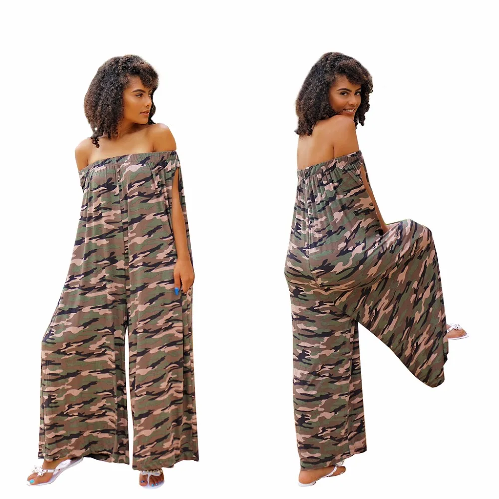 

2018 New Womens Strapless Loose Green Camouflage Cylindrical Jumpsuits Rompers Pants With Big Pockets S M L XL XXL XXXL