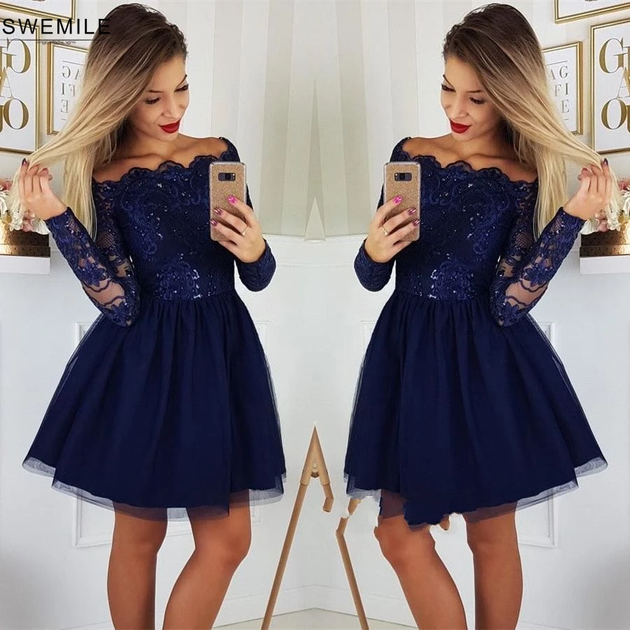 

2019 Chic Beading Crystal Short Prom Dress Sexy Boat Neck Prom Gowns Long Sleeve Evening Party Dresses Vestidos De Gala