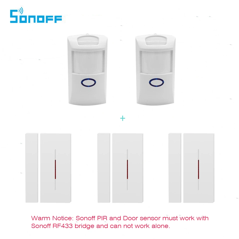 Original Sonoff 2pcs PIR+3pcs Door Sensor, RF433 Remote Control,Smart Home Security Alarm Device, work with Sonoff RF433 Bridge