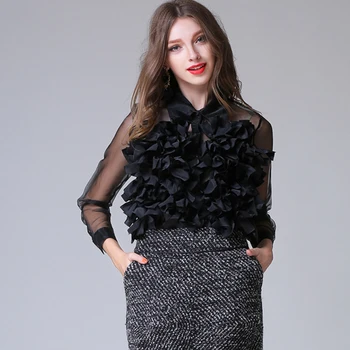 

HIGH QUALITY New Fashion 2020 Designer Top Blouse Women's Long Sleeve Ruffle Flower Appliques Summer Blouse Shirt