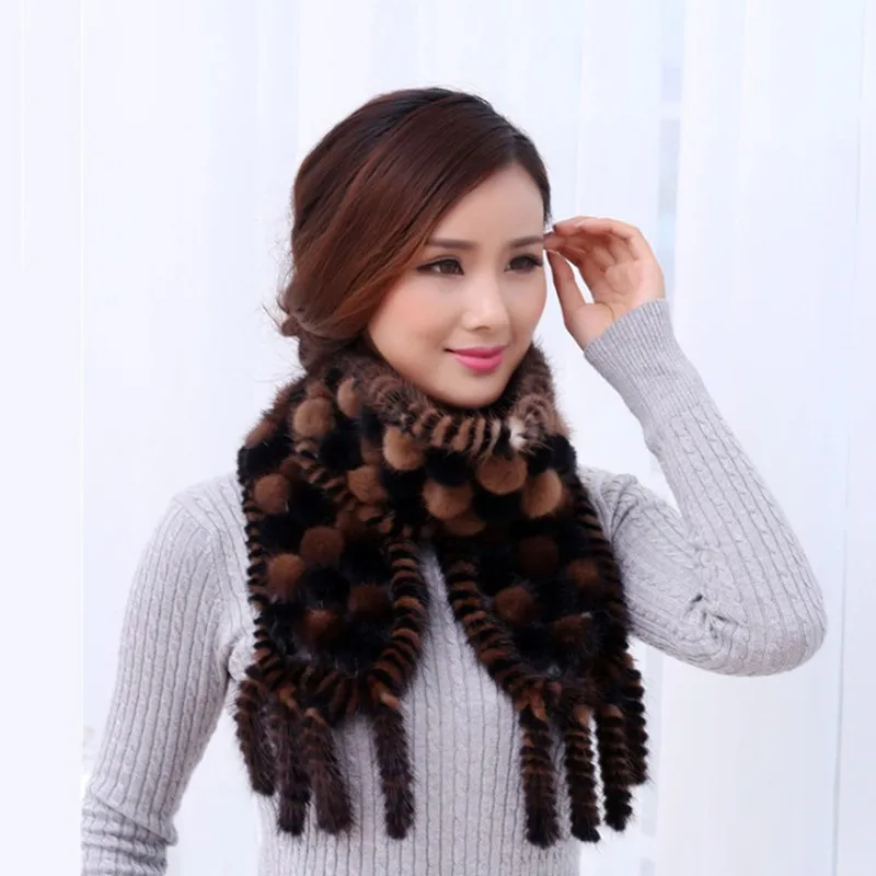 

2018 Winter Women's Genuine Real Knitted Mink Fur Scarves with Tassels Lady Fur Muffler Neckwarmer