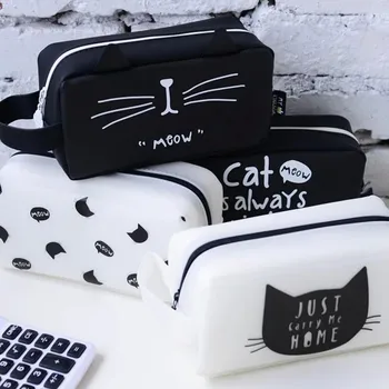 

Large Capacity Black White Cat Pencil Case , Kawaii Cat Zippered Pencil Bag for Kids