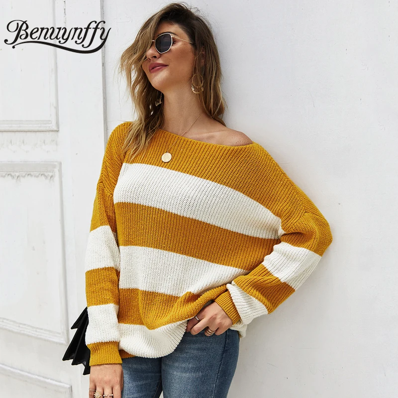 

Benuynffy Casual Off Shoulder Knitted Sweaters Autumn Winter Soft Striped Long Sleeve O-Neck Sweater Women Pullover Jumper
