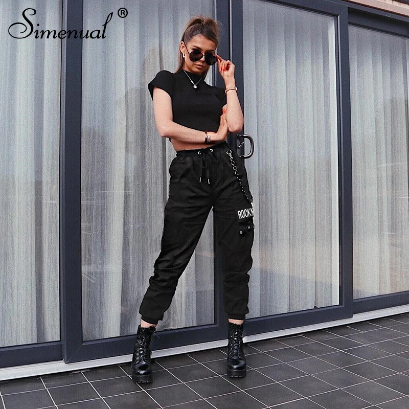 Simenual Streetwear Pocket Letter Cargo Pants Women High Waist Fashion Slim Long Trousers Casual 2019 Chain Harem Pants Harajuku Simenual Streetwear Pocket Letter Cargo Pants Women High Waist Fashion Slim Long Trousers Casual 2019 Chain Harem Pants Harajuku
