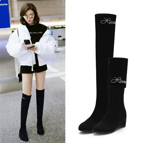 

Two Waies Over The Knee Boots Thin Elastic Women Suede Boots Winter Fur Female Wedges Flat Boots for Girls